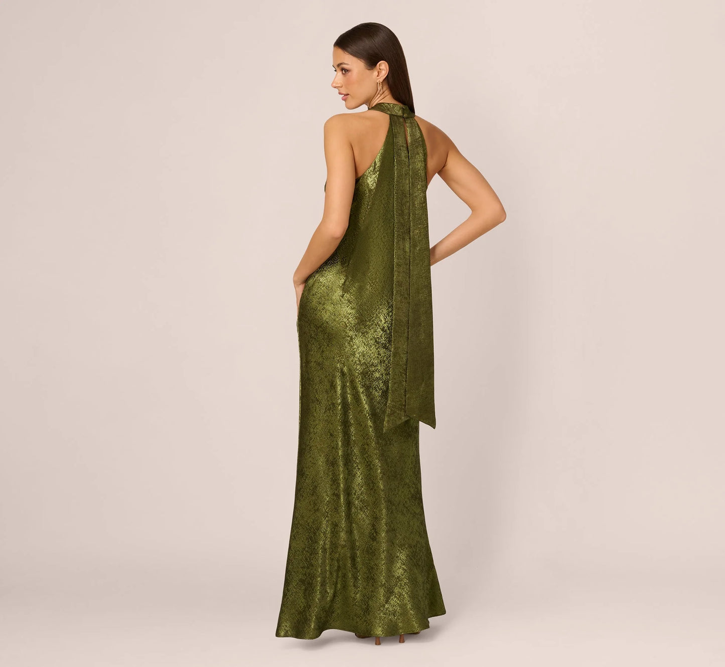 Foiled Mermaid Gown With Halter Neckline In Dark Olive