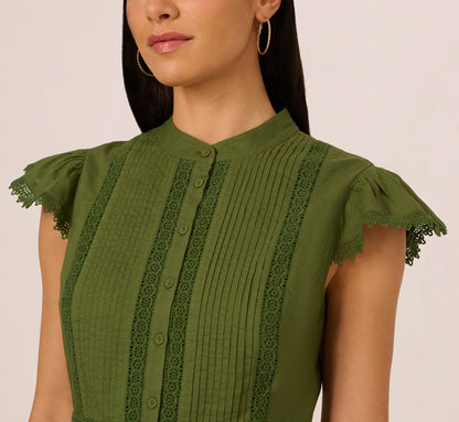 Flutter Sleeve Lace Short Cotton Dress In Olive Green