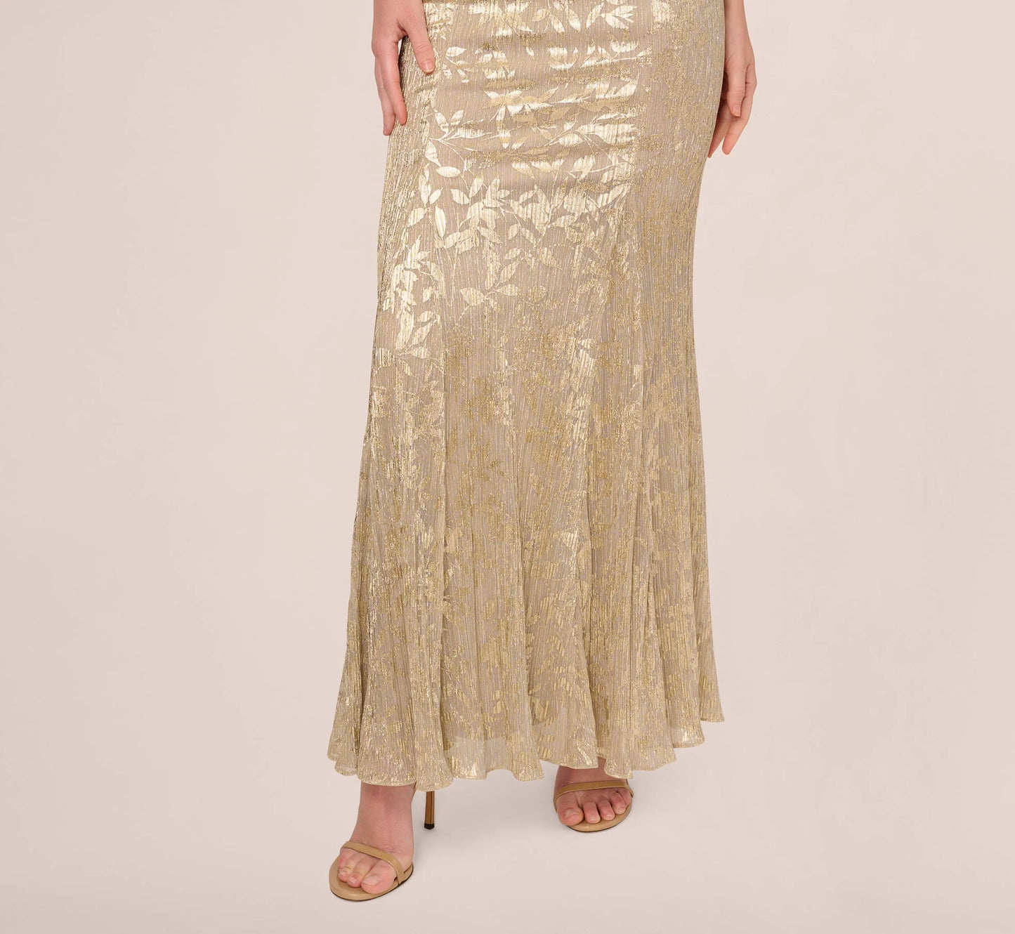 Off Shoulder Foil Leaf Mermaid Gown In Champagne Gold