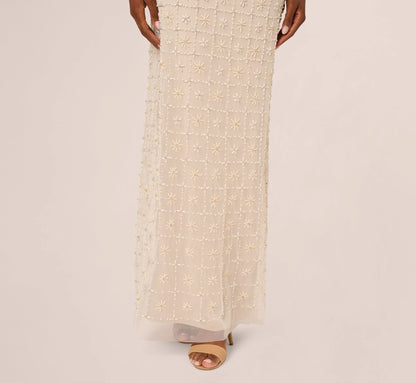 Off Shoulder Pearly Beaded Column Gown In Ivory Nude