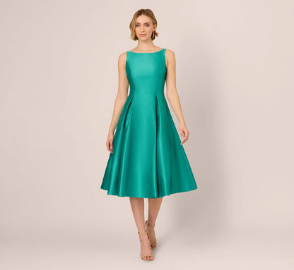 Sleeveless Mikado Fit And Flare Midi Dress With V-Back In Botanic Green