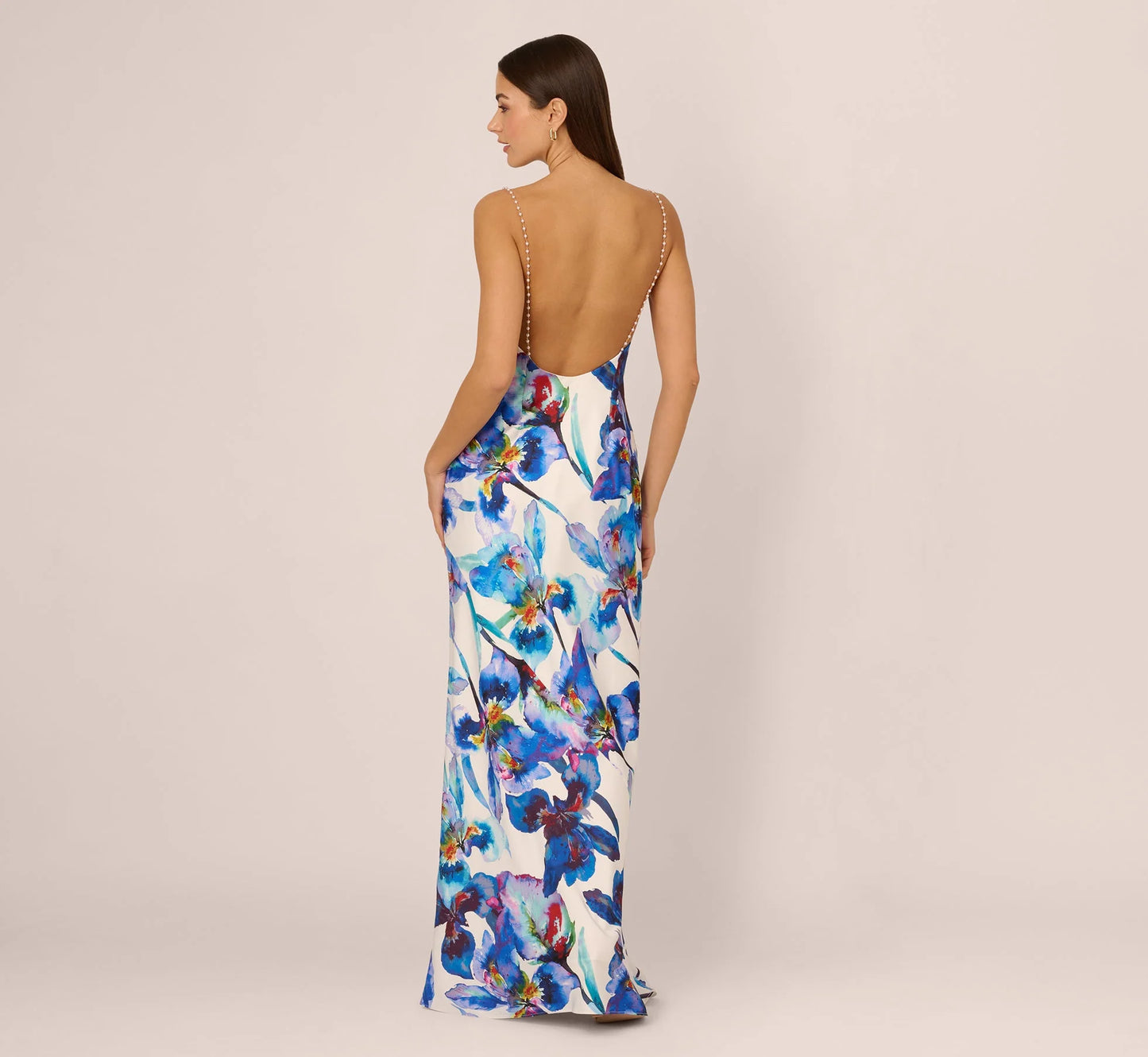 Embellished Strap Floral Satin Slip Dress In Blue Ivory Multi
