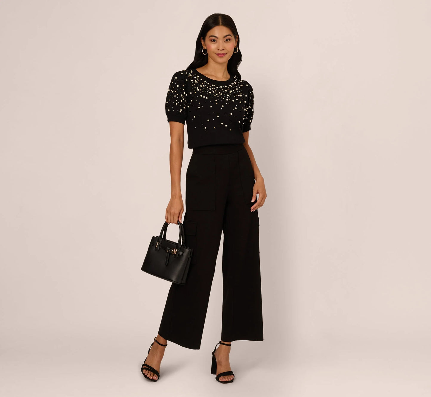 Puff Sleeve Pearly Embellished Sweater In Black