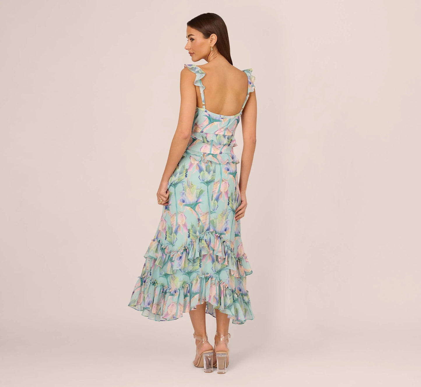 Sleeveless Floral Print High Low Maxi Dress With Ruffle Trim In Mint Multi