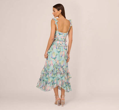 Sleeveless Floral Print High Low Maxi Dress With Ruffle Trim In Mint Multi