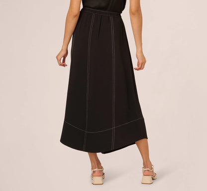 Contrast Stitching A Line Midi Skirt In Black Ivory