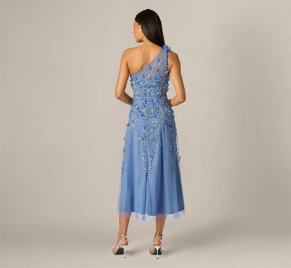 One Shoulder 3D Floral Beaded Ankle Dress In French Blue