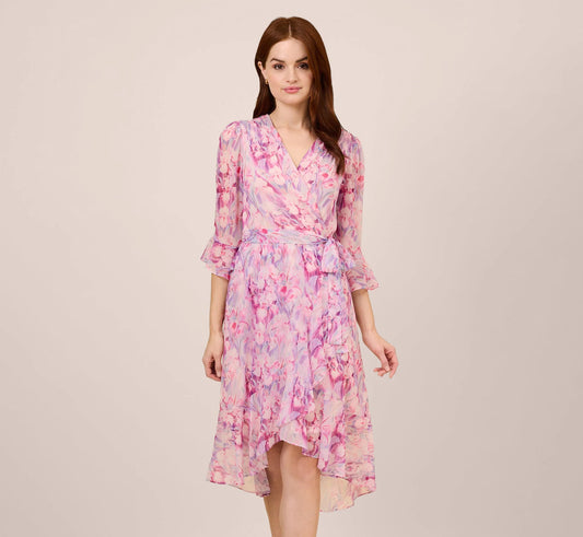 Floral-Printed Chiffon Short Dress In Pink Multi