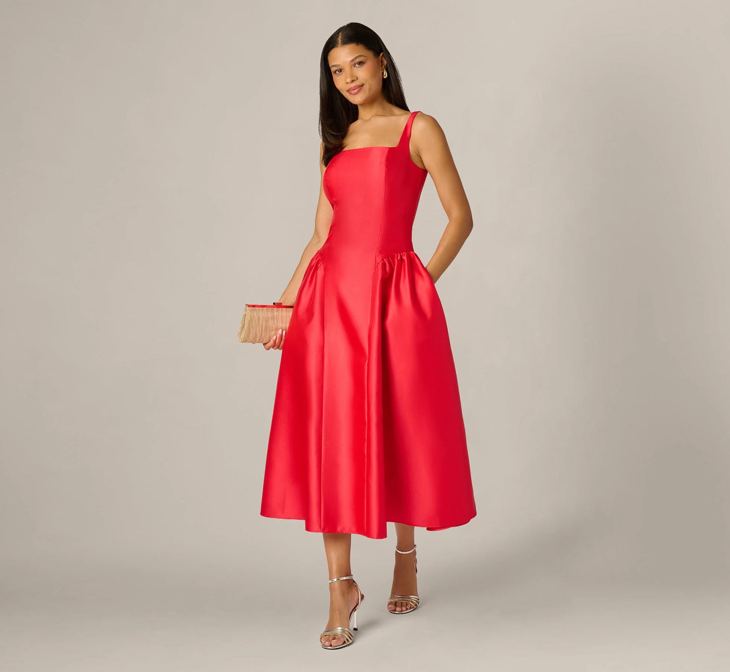 Drop Waist Fit And Flare Mikado Midi Dress In Persimmon