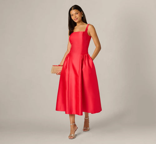 Drop Waist Fit And Flare Mikado Midi Dress In Persimmon