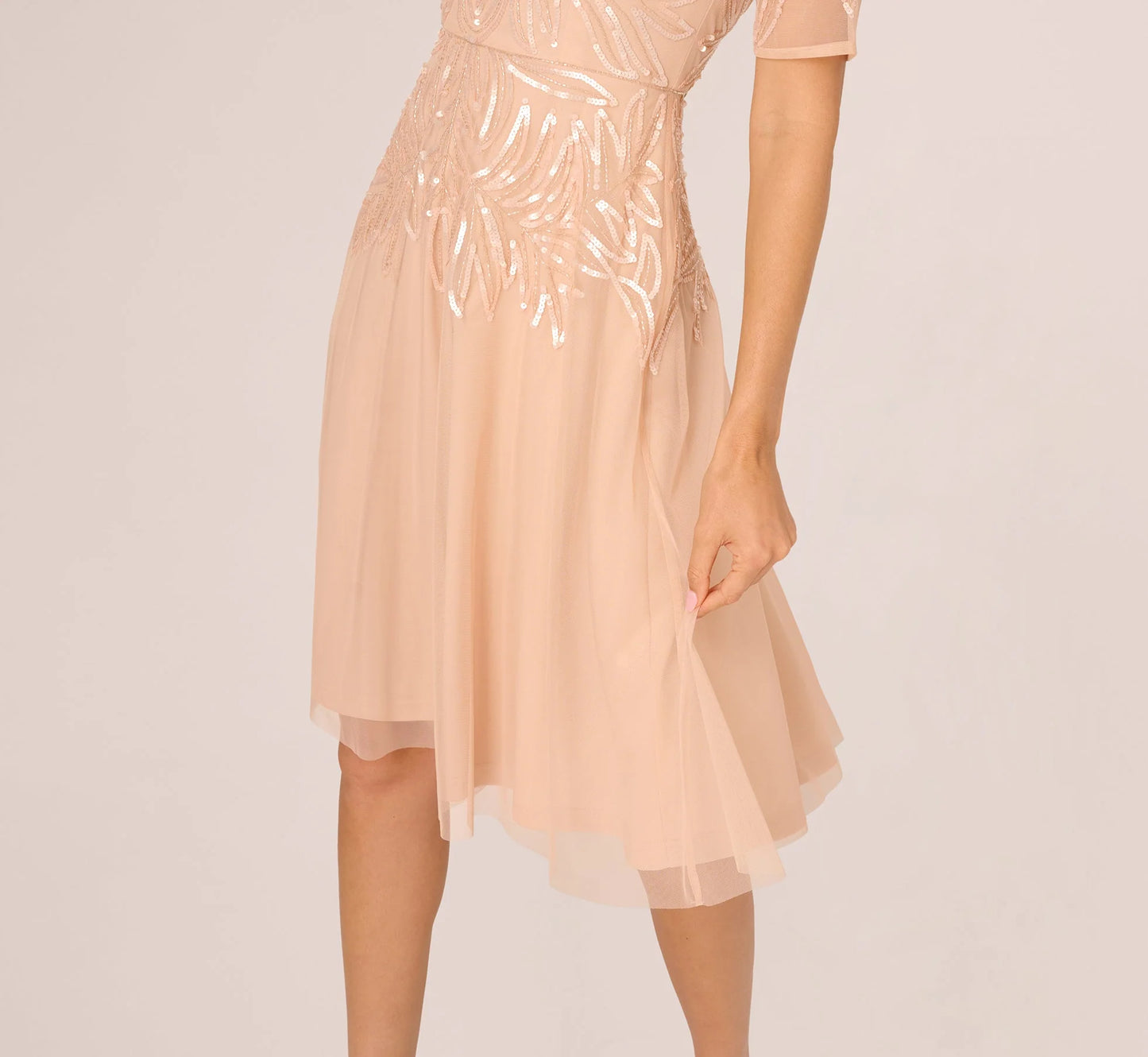 Short Sleeve Sequin Bead Midi Dress In Blush