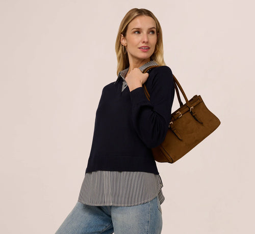 Long Sleeve Collared Printed Twover Sweater In Navy W  Navy Small Stripe