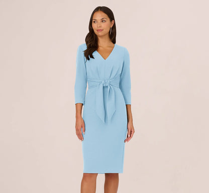 Three Quarter Sleeve Pleated Midi Dress With Tie Waist In Blue Mist