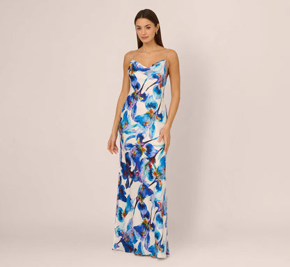 Embellished Strap Floral Satin Slip Dress In Blue Ivory Multi