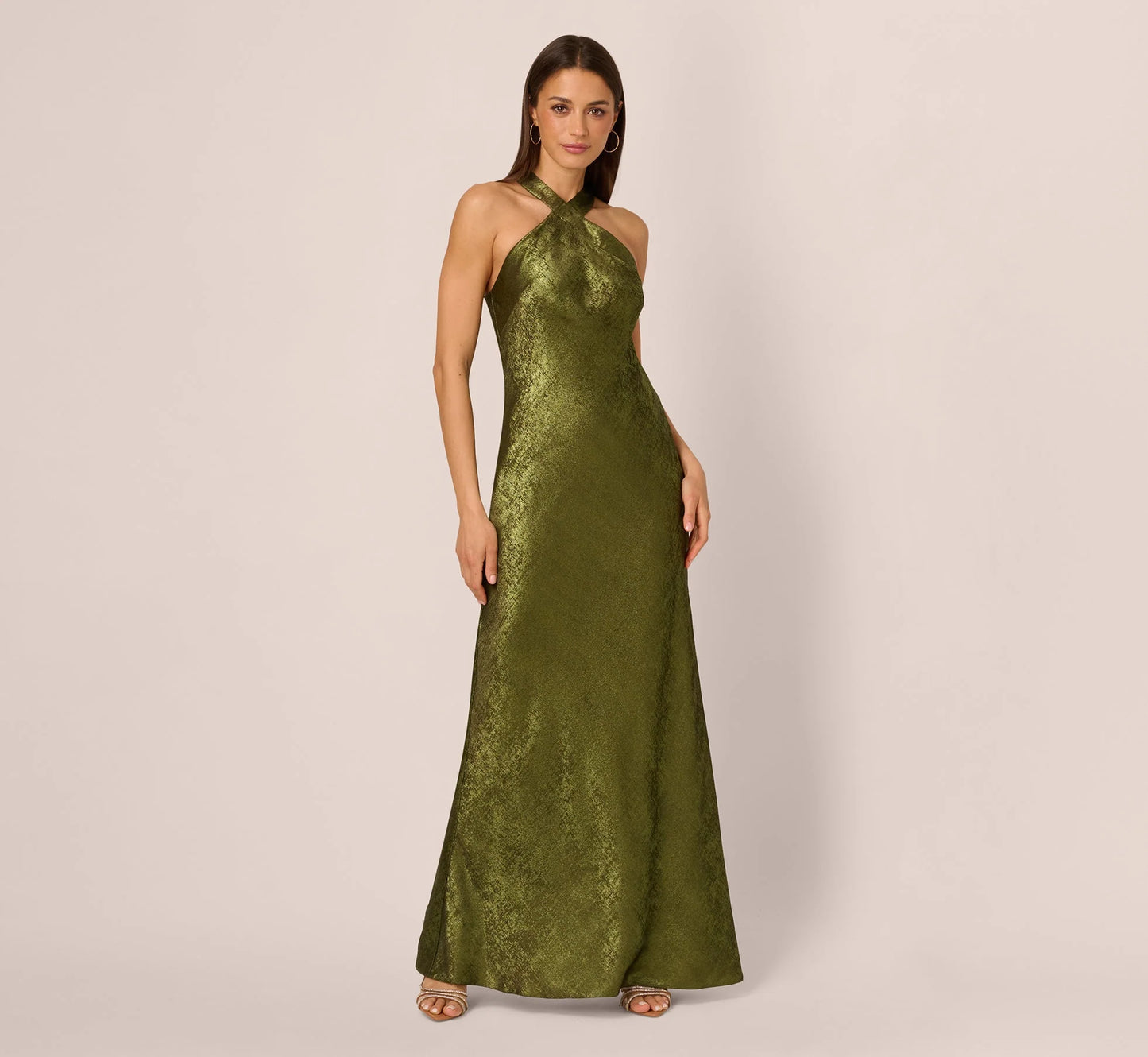 Foiled Mermaid Gown With Halter Neckline In Dark Olive