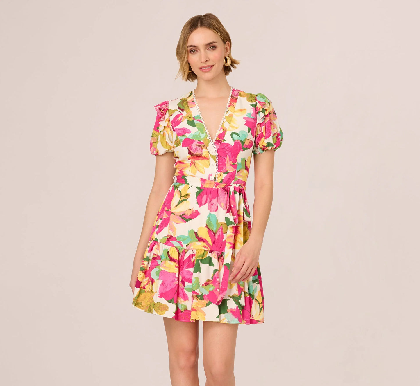 Puff Sleeve Flounce Mini Dress In White Multi