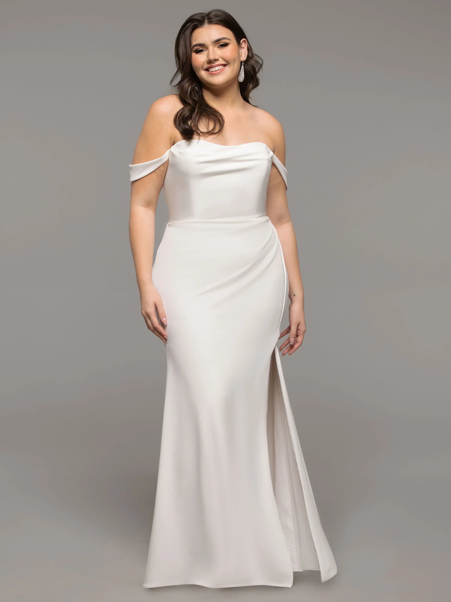 OFF THE SHOULDER FIT AND FLARE WEDDING DRESS