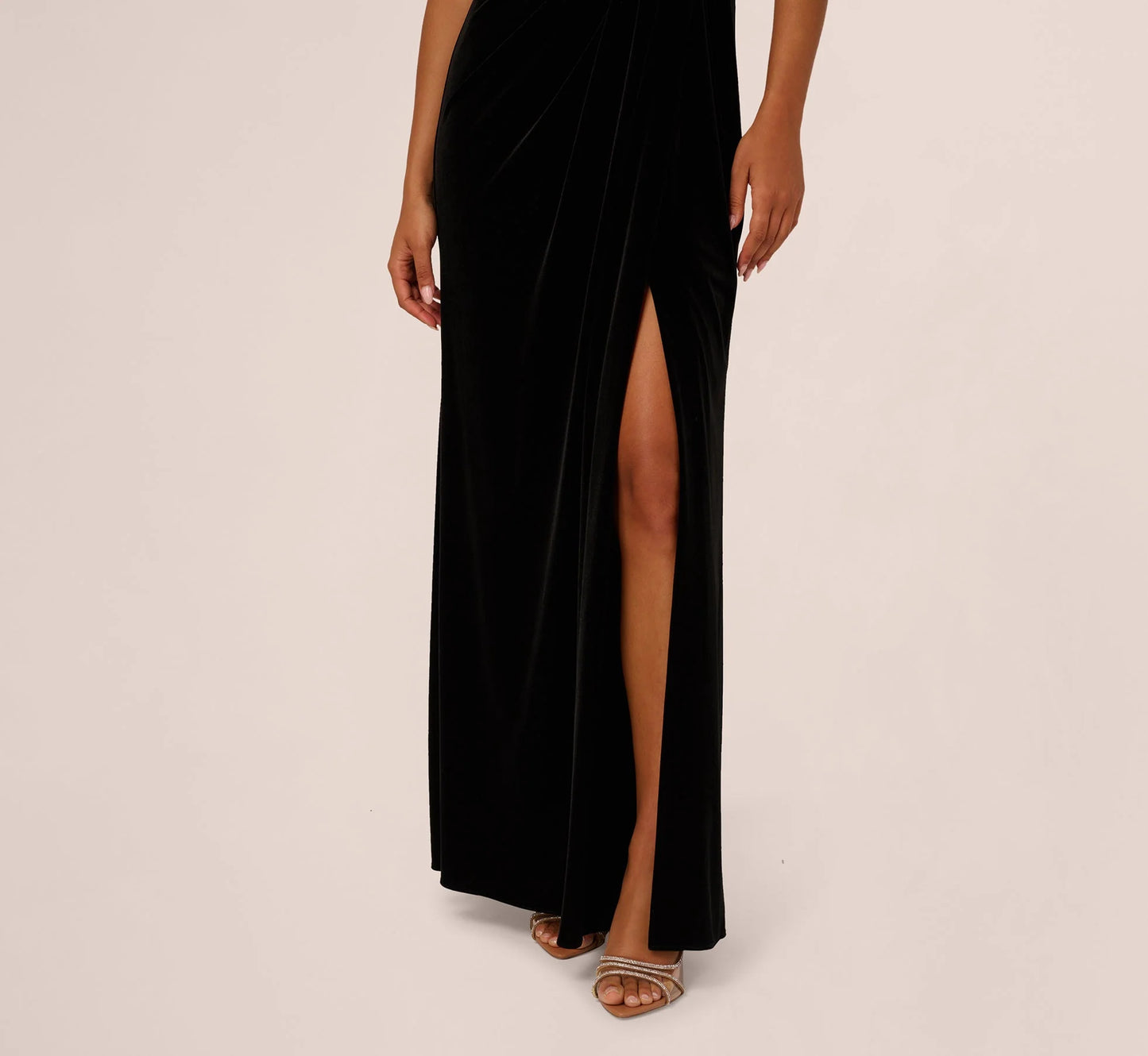 Off Shoulder Sequin Velvet Combo Gown In Black Multi
