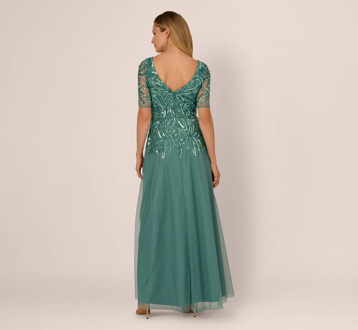 Beaded Mesh Long Dress In Green Slate