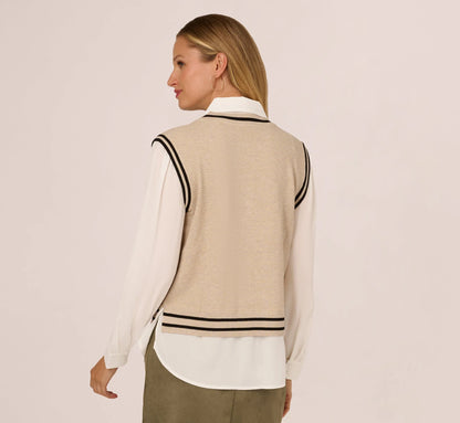 Long Sleeve Tie Neck Sweater Vest Twofer Top In Neutral Black