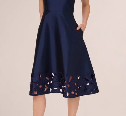 Sleeveless Taffeta Floral Cutwork Midi Dress In Light Navy