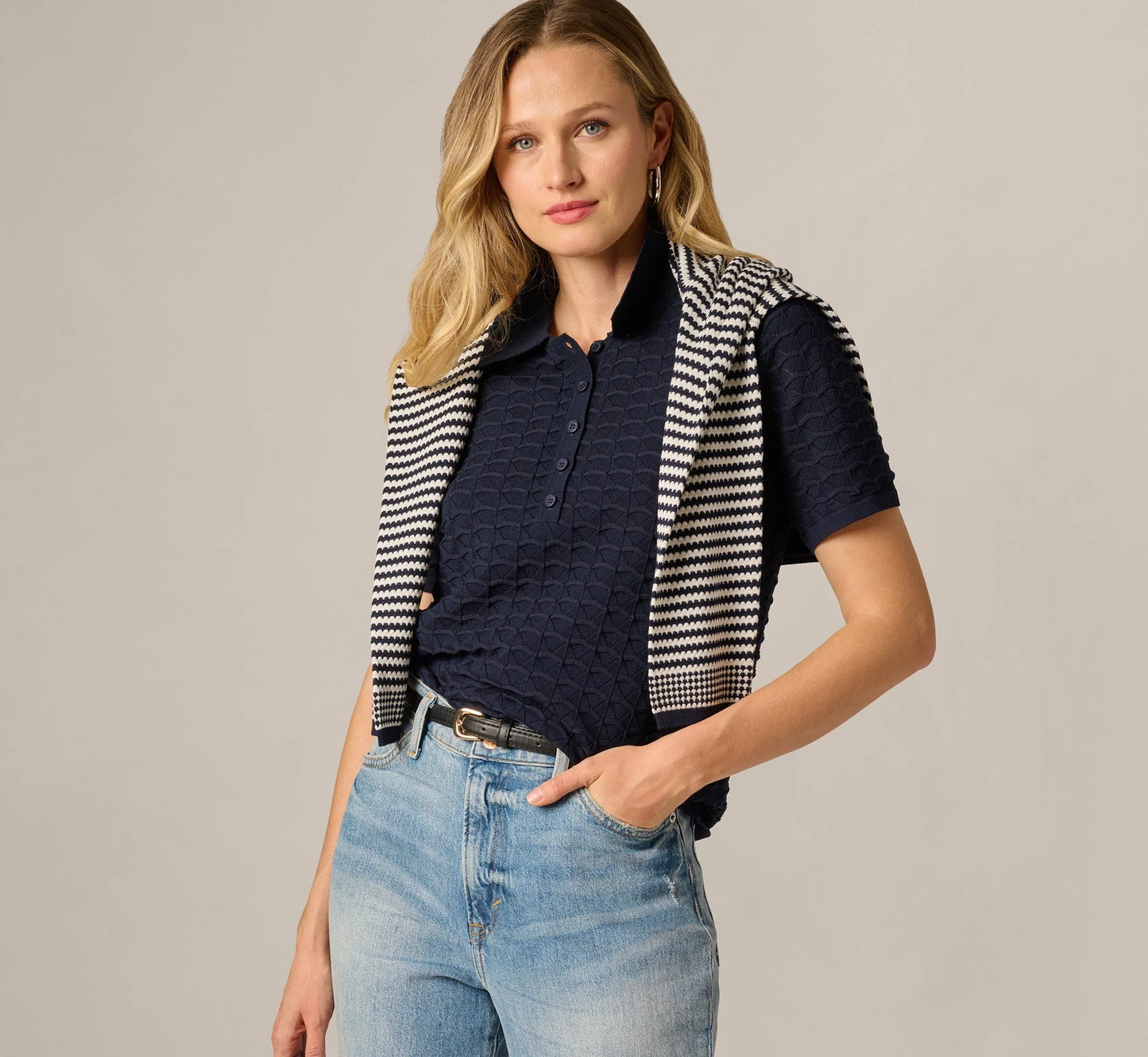 Short Sleeve Open Pointelle Polo Top In Blue Moon