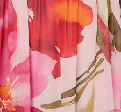 Plus Size Sleeveless Surplice Floral Chiffon Gown In Pink Orange Multi