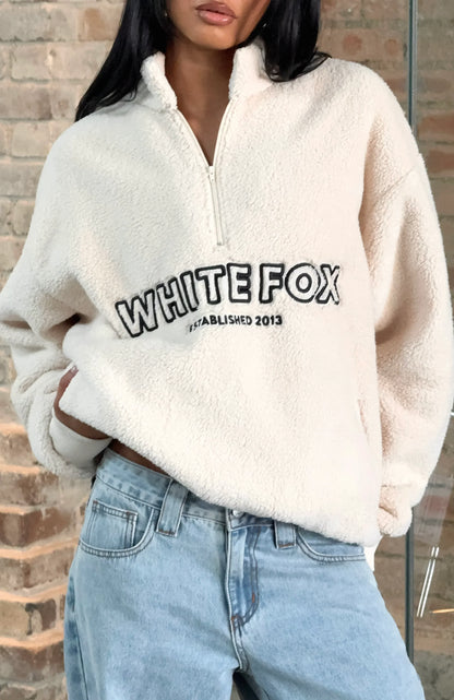 Hard To Stay Focused Teddy Borg Zip Front Sweater Cream