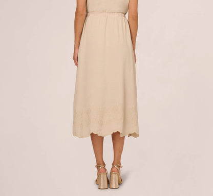 Embroidery Scalloped Hem Midi Skirt In Bamboo Wood