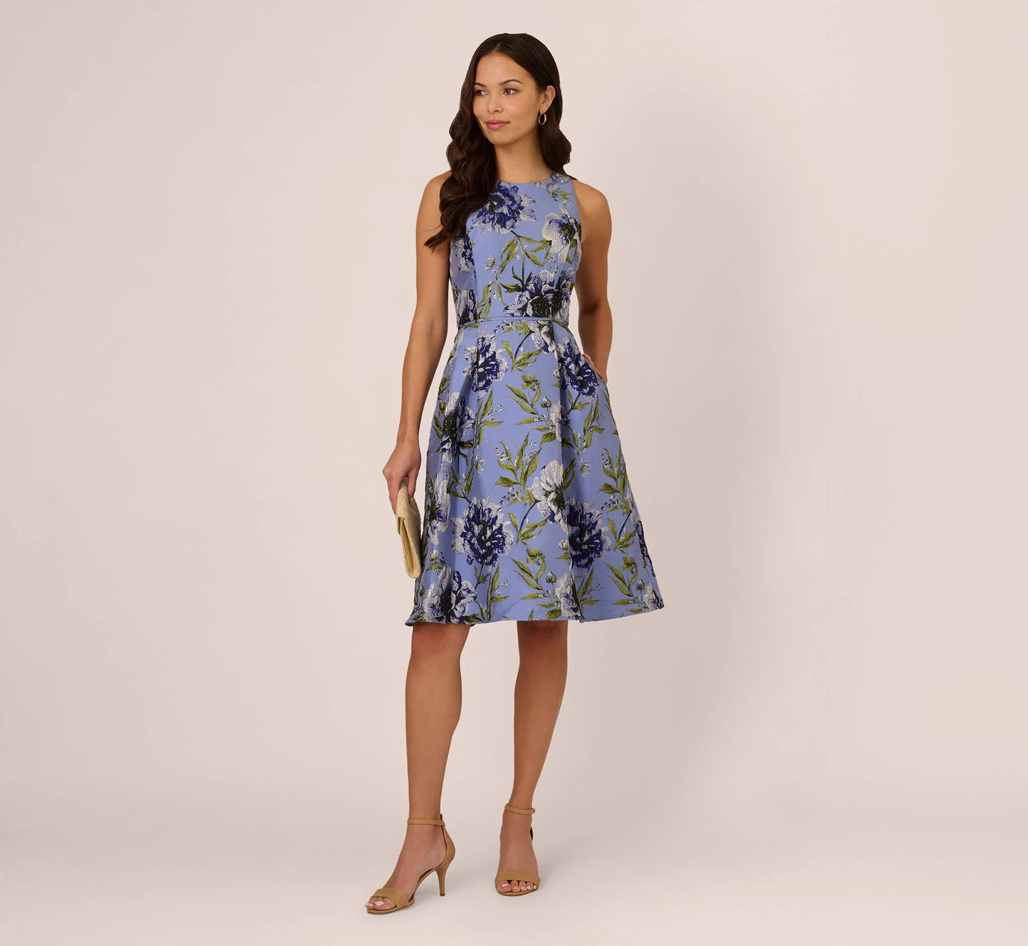 Sleeveless Jacquard Fit And Flare Midi Dress In Blue Multi