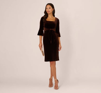 Velvet Tie Front Sheath Dress With Bell Sleeves In Dark Brown