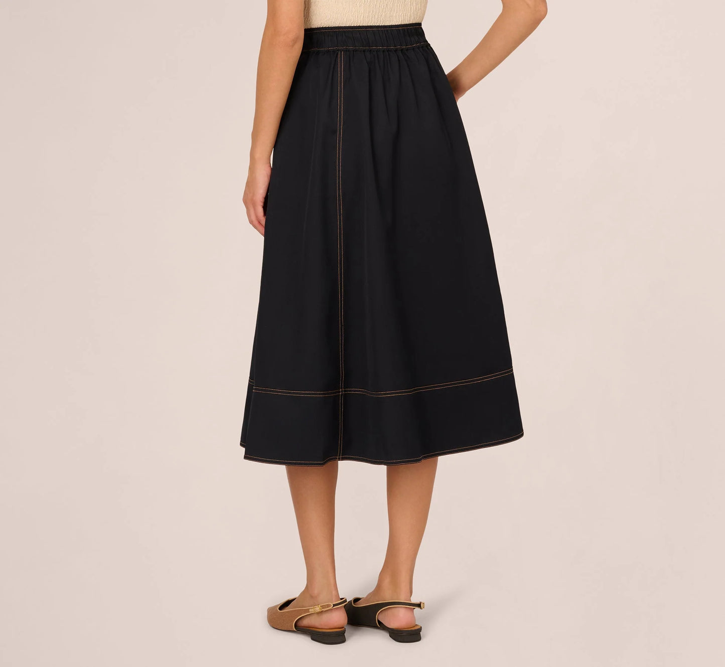 Contrast Stitching Drawstring Midi Skirt In Navy Khaki