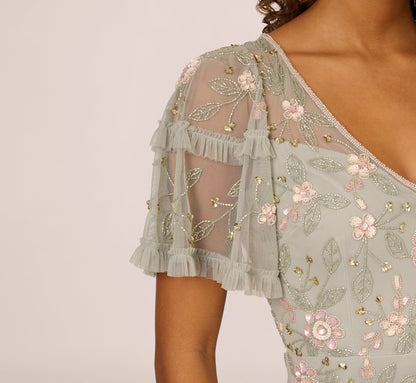 Beaded Midi Dress With Sheer Ruffled Sleeves In Frosted Sage
