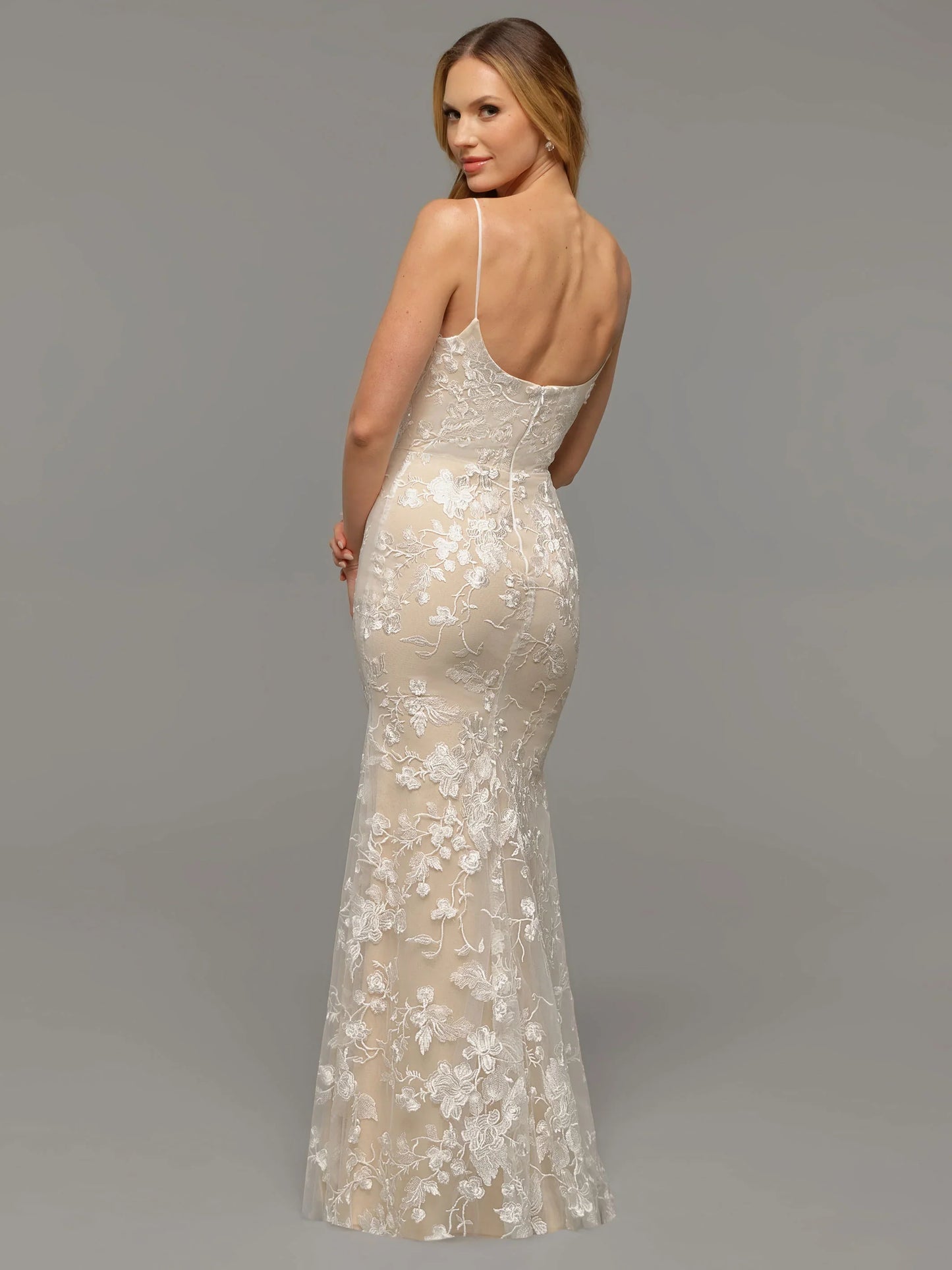 V NECK TULLE FIT AND FLARE WEDDING DRESS WITH LACE