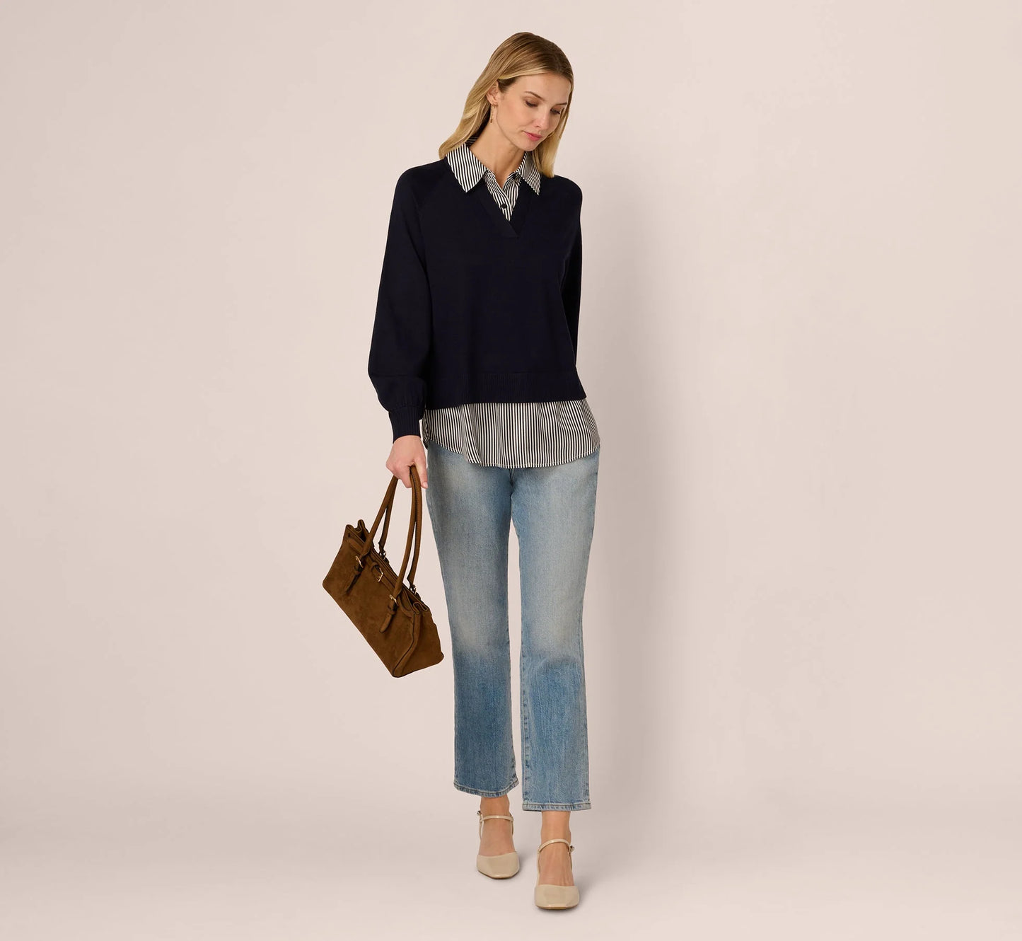 Long Sleeve Collared Printed Twover Sweater In Navy W  Navy Small Stripe