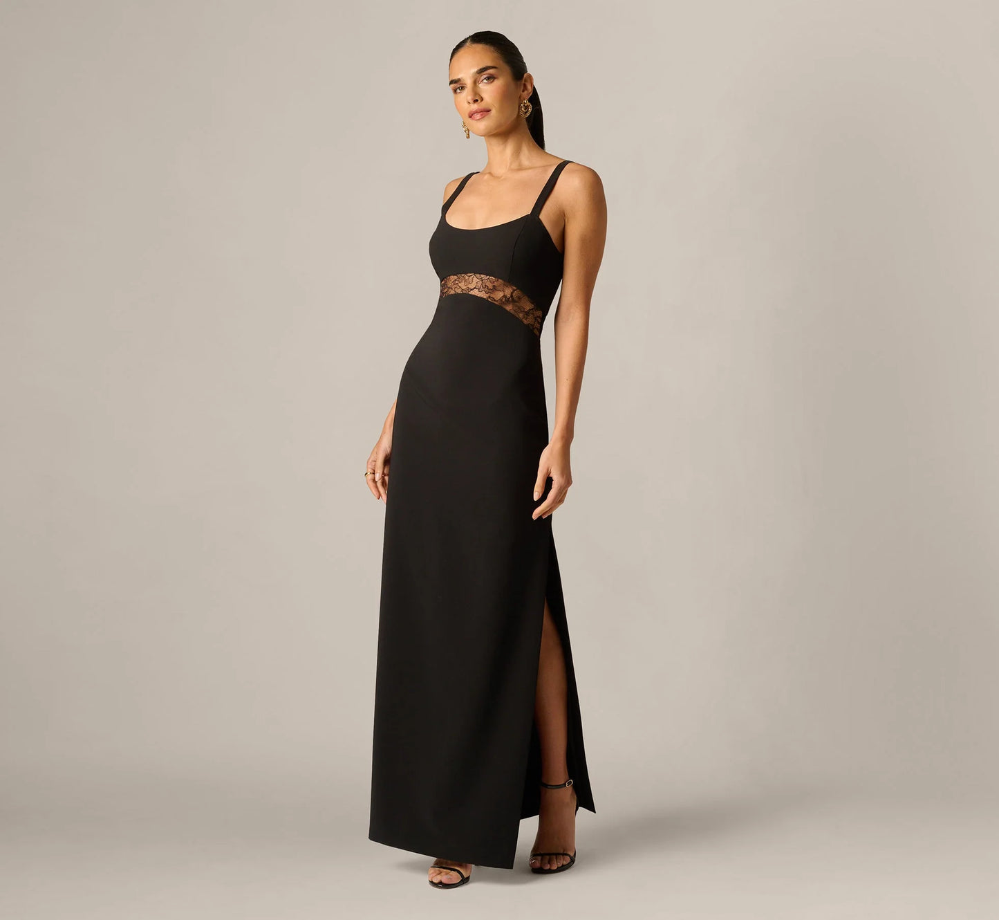 Sleeveless Lace Cutout Column Gown In Black