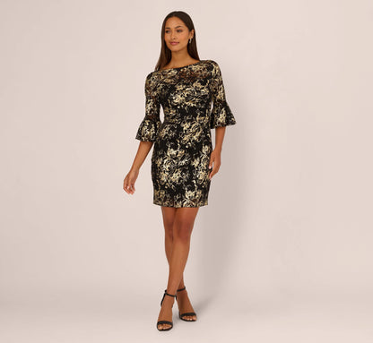 Bell Sleeve Metallic Lace Sheath Dress In Black Gold