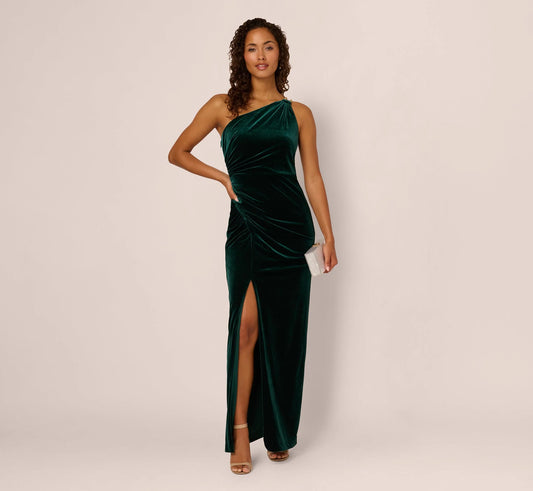 One Shoulder Draped Velvet Gown With Chain Accent In Emerald