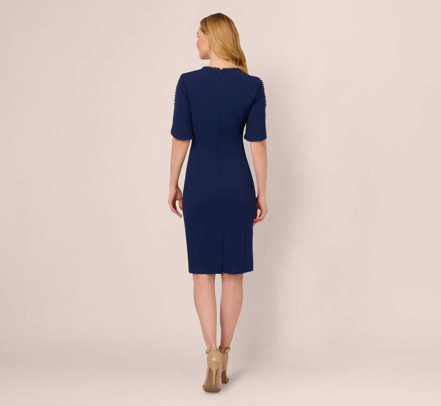 Crepe Midi Length Sheath Dress With Pearl Trimmed Sleeves In Navy Sateen