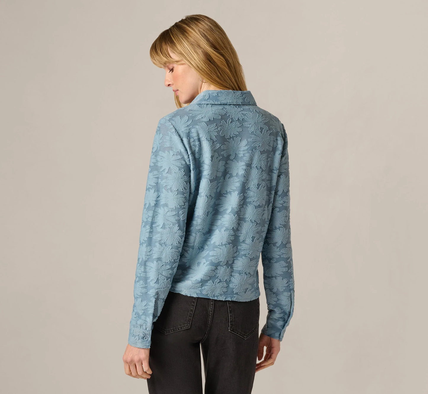 Long Sleeve Semisheer Burnout Floral Blouse In Stone Blue
