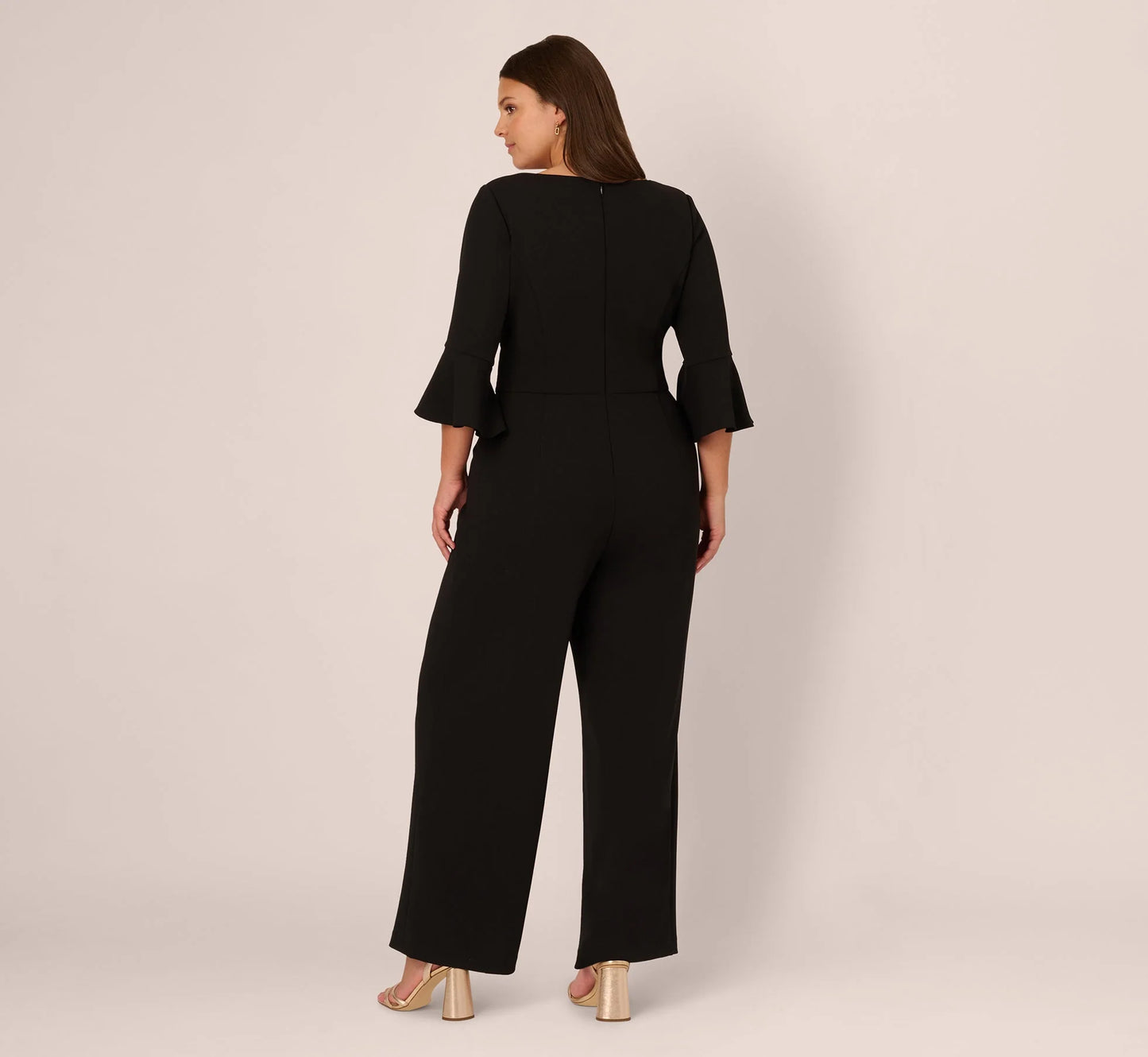 Plus Size Knit Crepe Wide Leg Jumpsuit With Bell Sleeves In Black