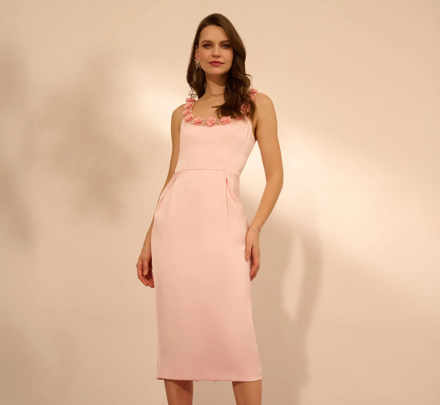 Sleeveless Satin Rosette Midi Sheath Dress In Pink Peach