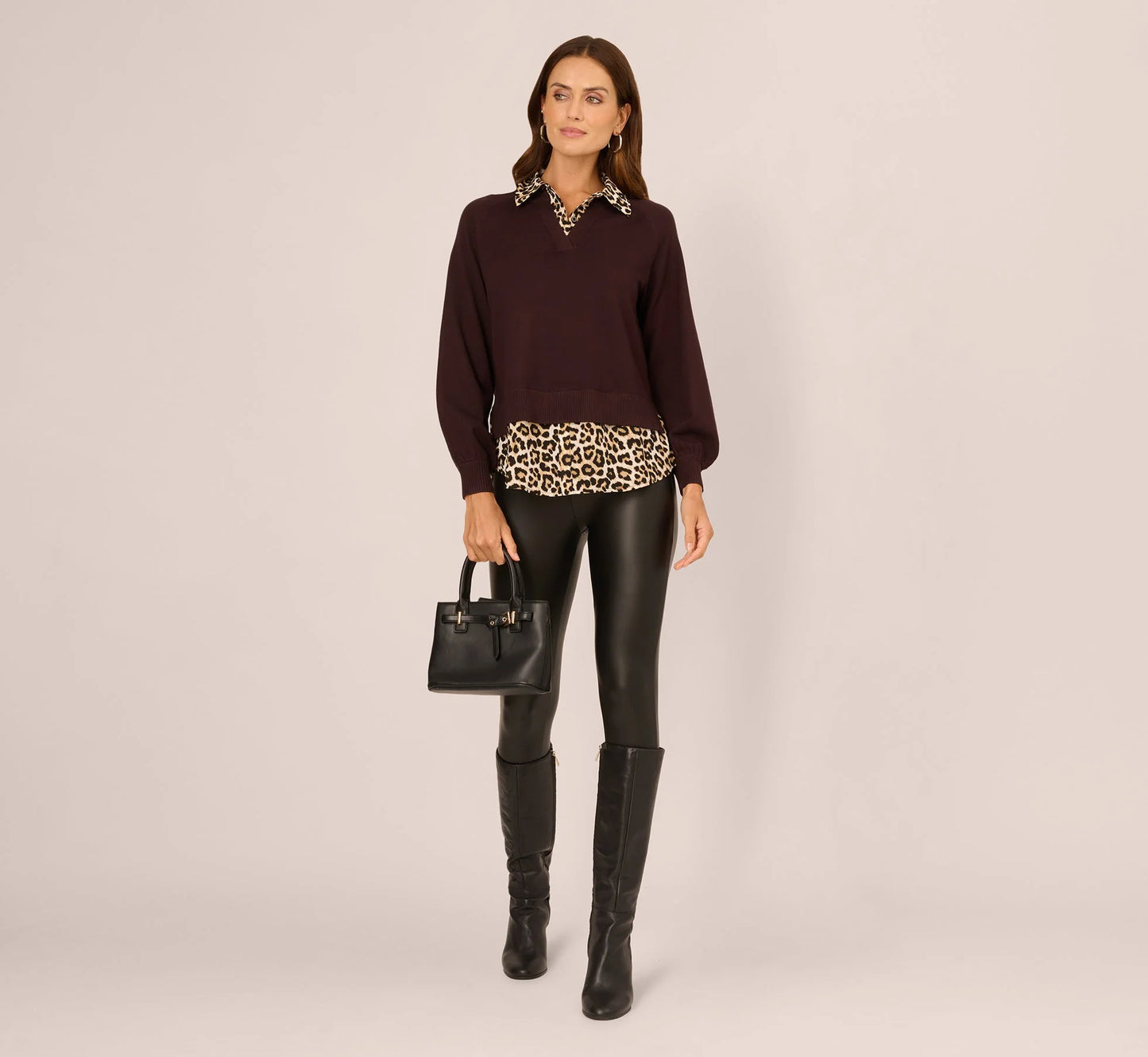 Long Sleeve Collared Printed Twover Sweater In Brownie W  Bengal Cheetah