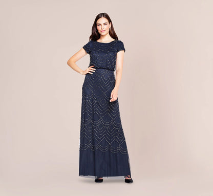 Short Sleeve Beaded Blouson Gown In Navy
