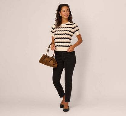 Short Sleeve Pointelle Stripe Sweater In Cream Black Camel