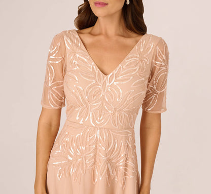Short Sleeve Sequin Bead Midi Dress In Blush