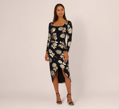 Long Sleeve Stretch Metallic Rose Floral Midi Dress In Navy Gold
