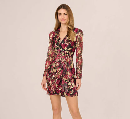 Crinkle Foil Wrap Dress In Fuchsia Gold