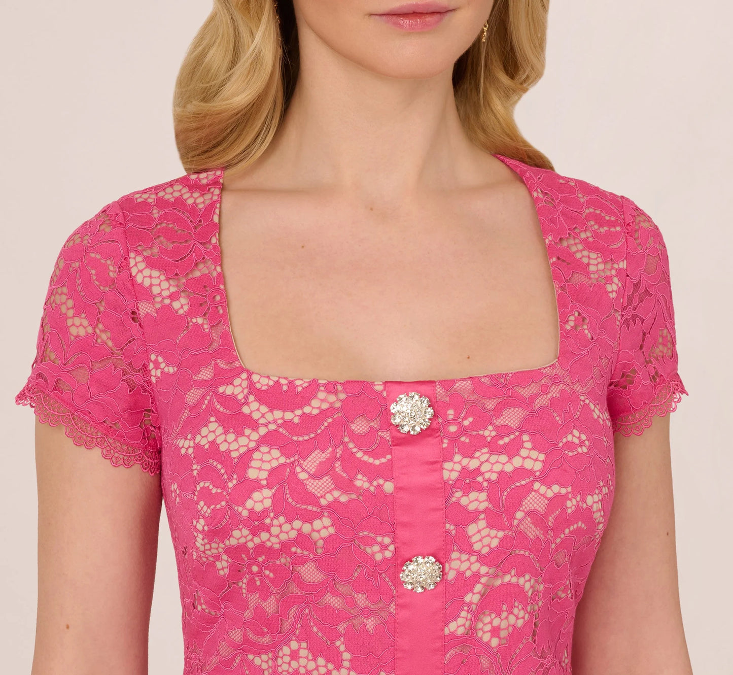 Cap Sleeve Rhinestone Button Lace Short Dress In Petunia