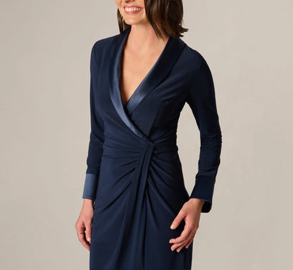 Long Sleeve Tuxedo Stretch Midi Dress In Midnight
